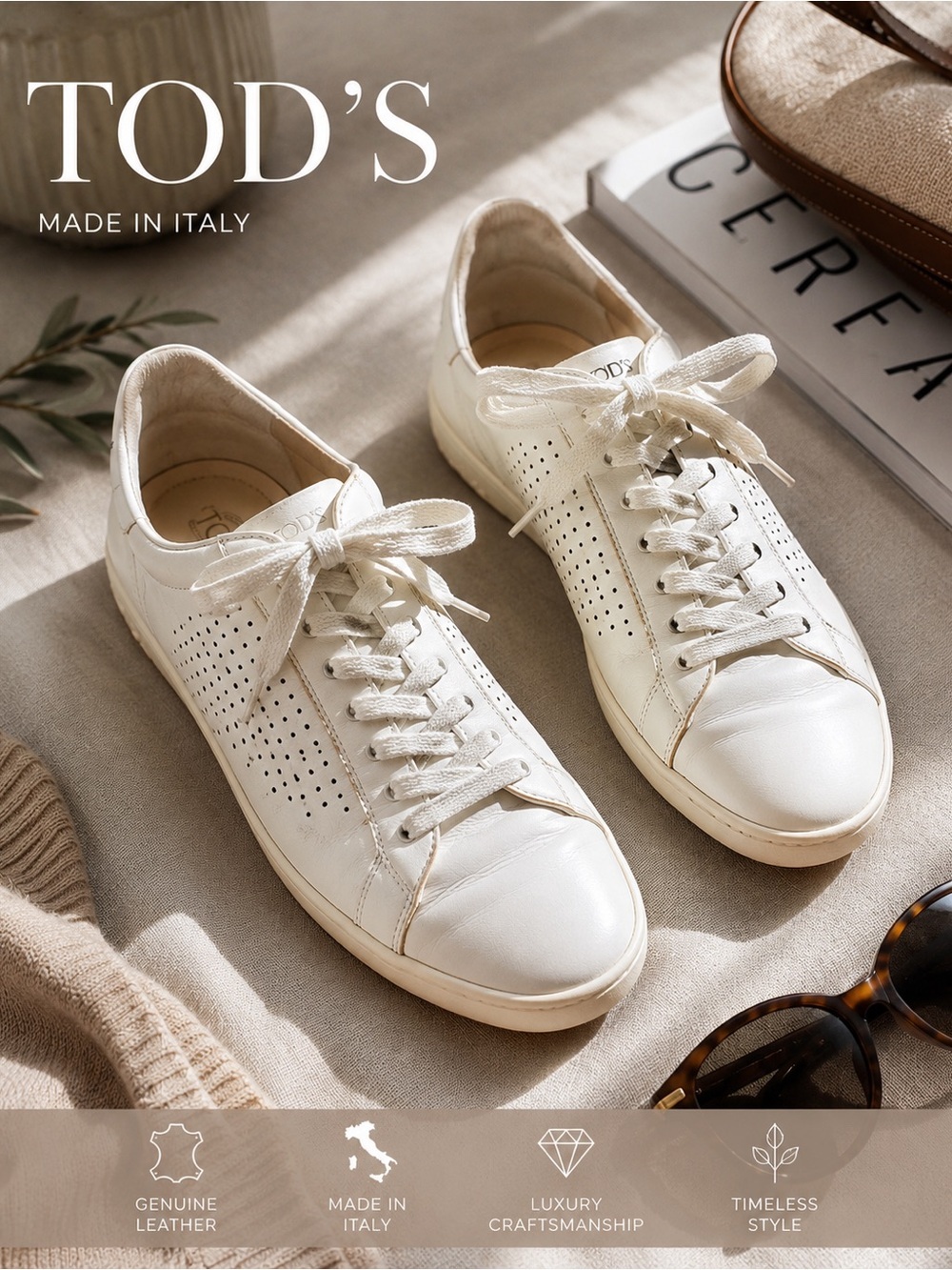 TOD’S White Leather Perforated Low Top Sneakers Made in Italy Quiet Luxury Shoes